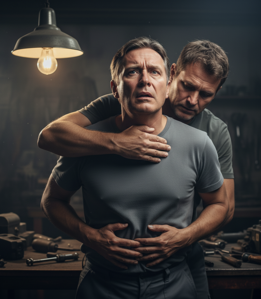 A Person performing Heimlich maneuver to save a man from choking